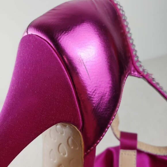 Betsey Johnson Stiletto Heels Strappy Fuschia Pink Rhinestone Bow Size 6.5 - Picture 10 of 14